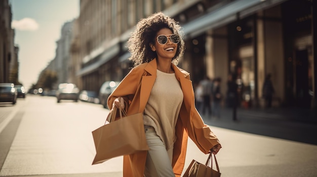 Foto moda donna con borse della spesa che cammina per strada ai generativa