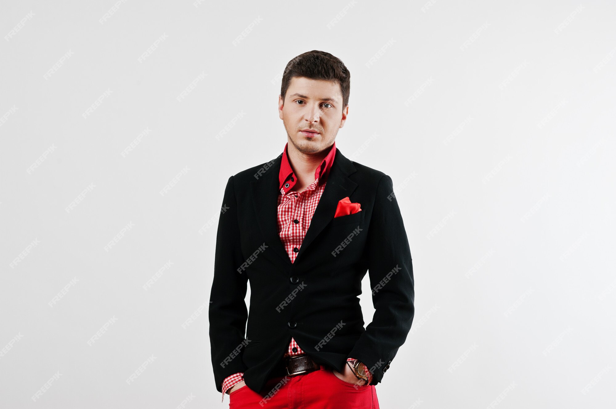 Premium Photo  Fashion young man in black suit and red pants