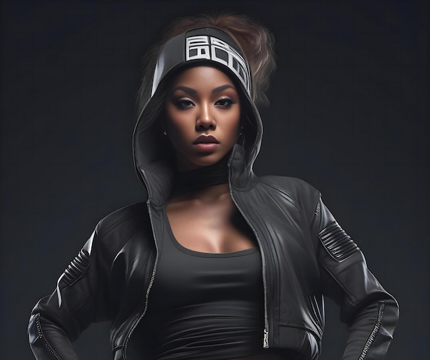 Fashionable african american woman in leather jacket and helmet