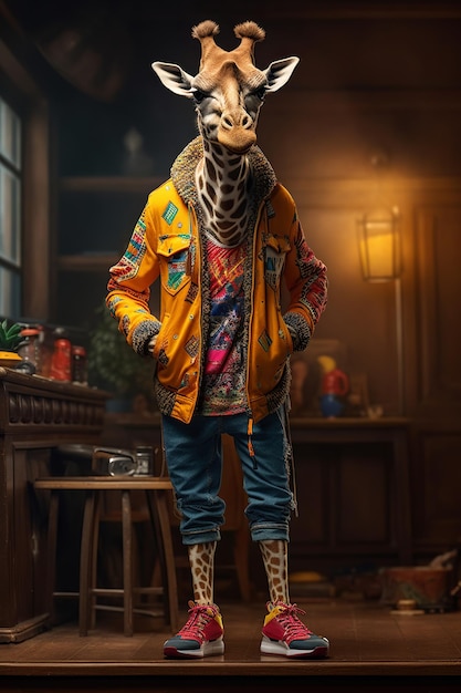 A fashionable anthropomorphic giraffe