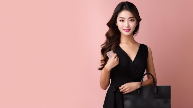 Fashionable asian business woman have good figure and clear fresh skin in black trendy dress