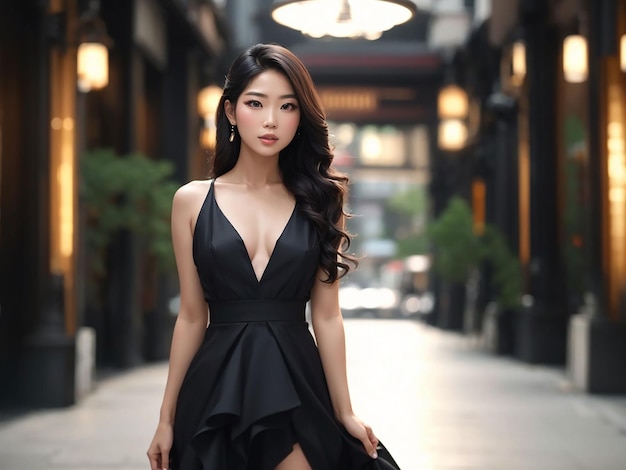 ファッショナブルなアジア人女性は黒いトレンディなドレスのポーズで良いフィギュアと鮮明な新鮮な肌を持っています