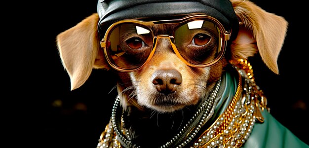 Фото Модная красивая собака в солнцезащитных очках, бандане и оранжевой куртке.