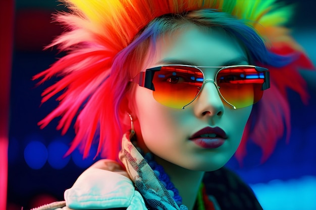 Модная красивая девушка с яркими волосами и солнцезащитными очками, выражающая уникальную идентичность ЛГБТК