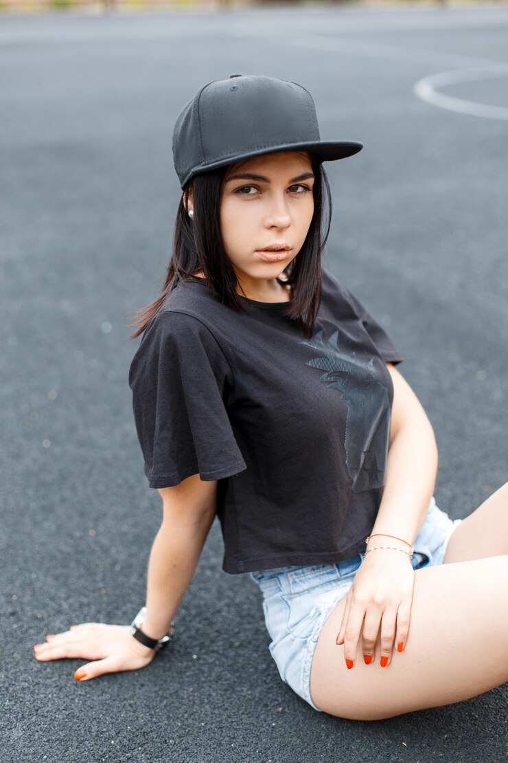 Photo ファッショナブルで美しい若いヒップスターの女の子が野球のキャップとれたジーンズを着たファッション黒のtシャツを着てスタジアムに座っています