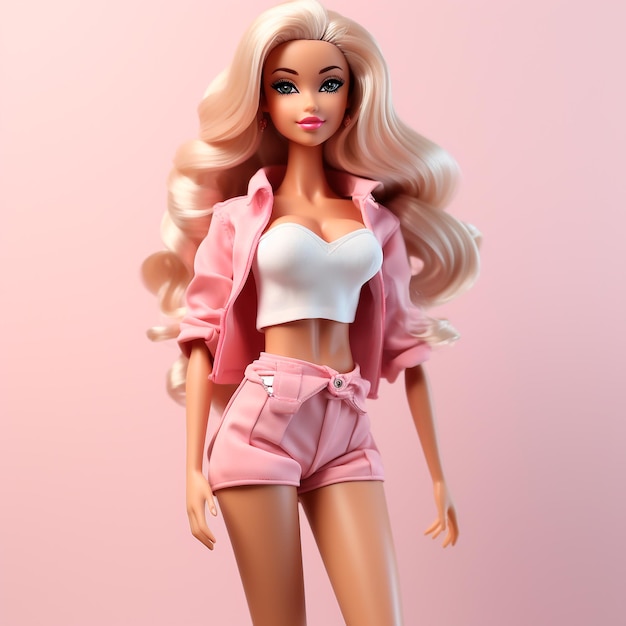 fashionable blonde girl with long hair looking like a doll in pink on a light background