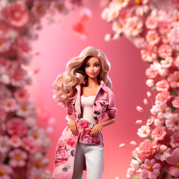 fashionable blonde girl with long hair looking like a doll in pink on a light background