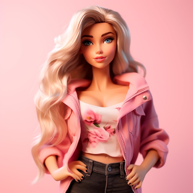 fashionable blonde girl with long hair looking like a doll in pink on a light background