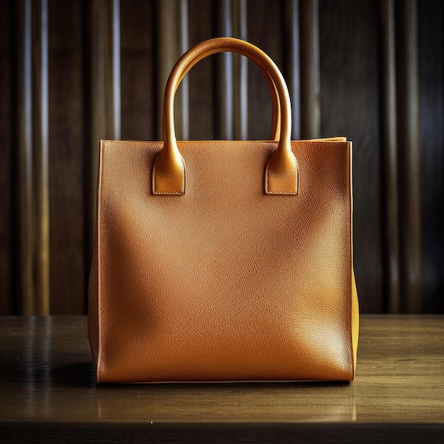 Fashionable brown leather handbag on a wooden background