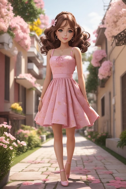 Fashionable cartoon girl with long curly hair wearing a pink dress on the street