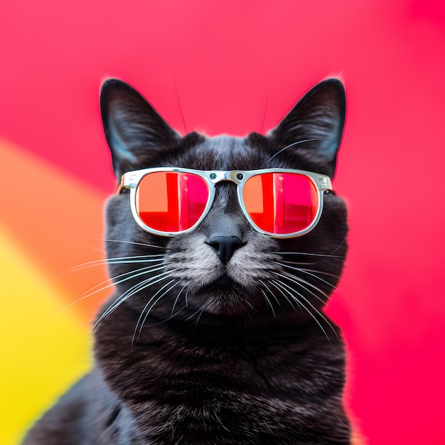 A fashionable cat poses in front of a colorful background while sporting black sunglasses