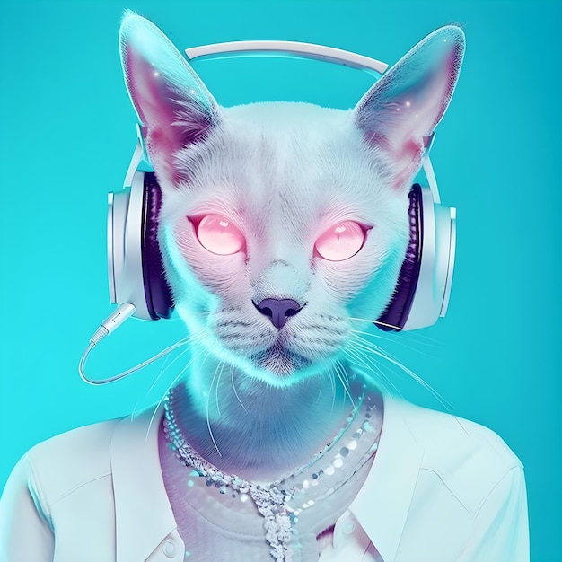 ヘッドホンをつけたファッショナブルな猫 音楽 擬人化猫 ネオンライト