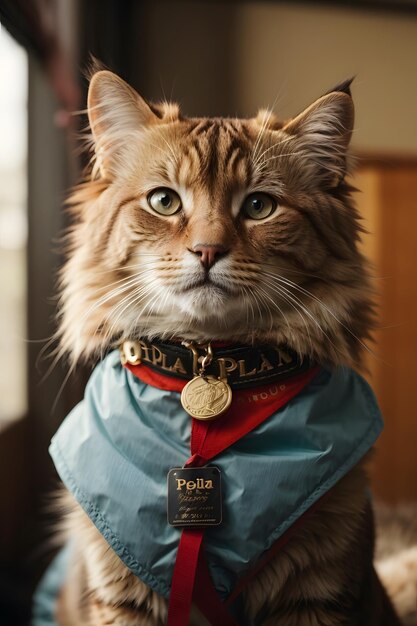 Foto un gatto alla moda che indossa un elegante cappotto blu e rosso