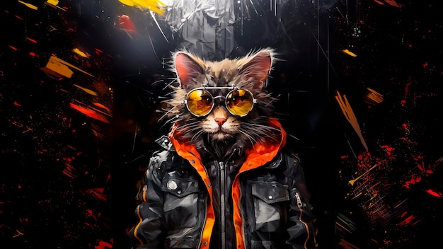 추상적인 배경에 선글라스와 재킷을 입은 세련된 고양이