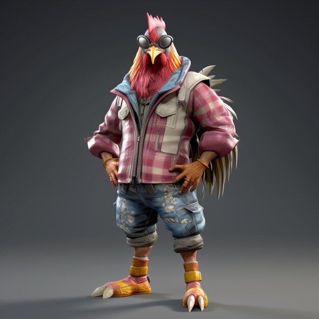 Photo fashionable chicken character in plaid jacket and sneakers