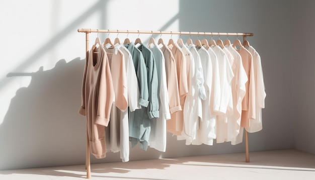 AI가 생성한 현대식 옷장에 걸려 있는 패셔너블한 의류 컬렉션