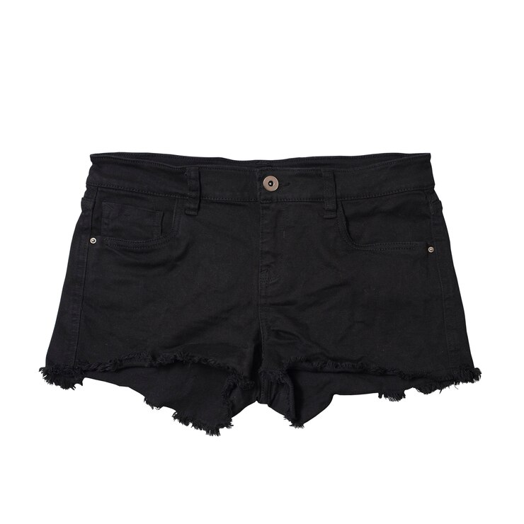 Fashionable concept. Black denim shorts. Isolate. White background.