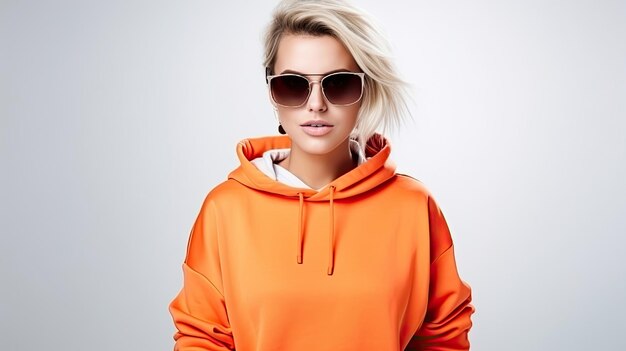 Fashionable confident blonde woman wearing trendy orange sweatshirt color sunglasses posing on white background