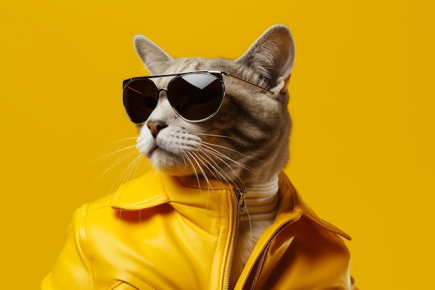 Fashionable cool cat with human body on yellow background