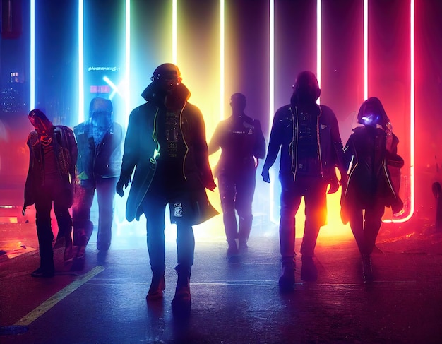 Fashionable cyberpunk crew people on the street of the night
city of the future cyberpunk city