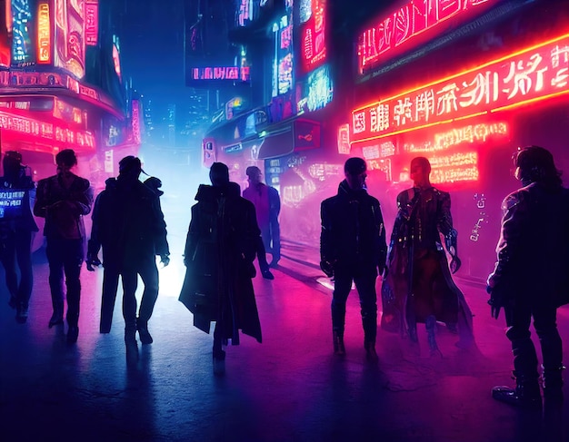 Fashionable cyberpunk crew people on the street of the night
city of the future cyberpunk city