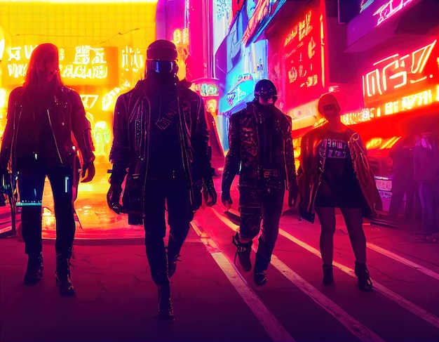 Fashionable cyberpunk crew people on the street of the night\
city of the future cyberpunk city