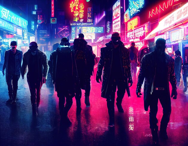 Fashionable cyberpunk crew people on the street of the night city of the future cyberpunk city