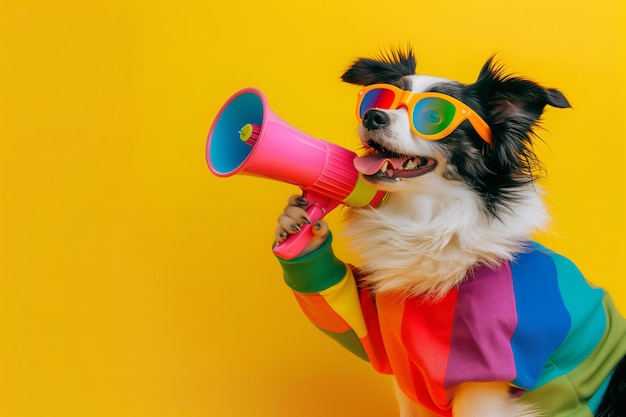 Foto cani alla moda che annunciano usando il megafono avvisando l'annuncio di avvertimento