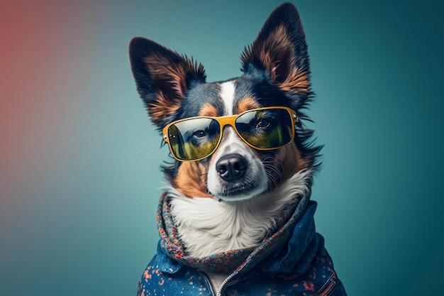 Fashionable Dog Wearing Sunglasses in Studio Setting Generative Ai