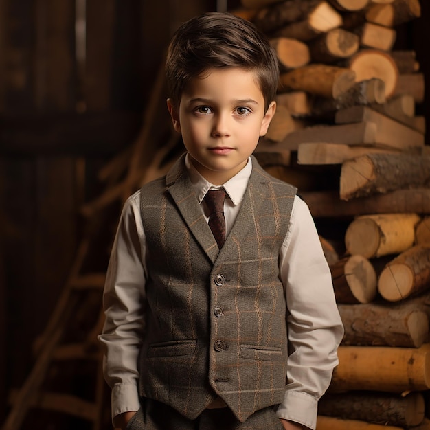 FASHIONABLE DRESSES OF BOY IN WOODEN BACKGROUND