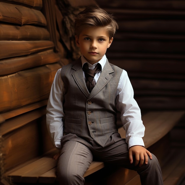 FASHIONABLE DRESSES OF BOY IN WOODEN BACKGROUND