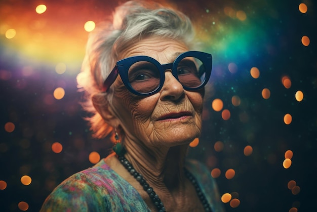 Модная пожилая женщина в солнцезащитных очках позирует на многоцветном освещенном фоне Уверенная в себе пожилая жена с короткой причёской