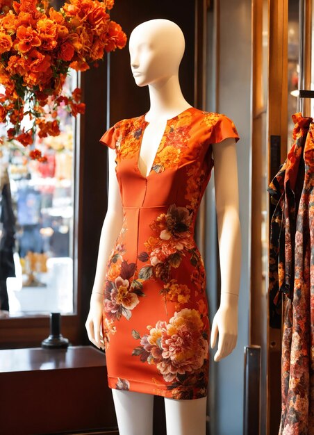 Fashionable evening orange summer dress on a mannequin ai generative ai generative