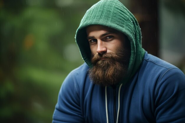 Fashionable fall prep bearded man rocks a blue beanie and green hooded sweatshirt ar 32
