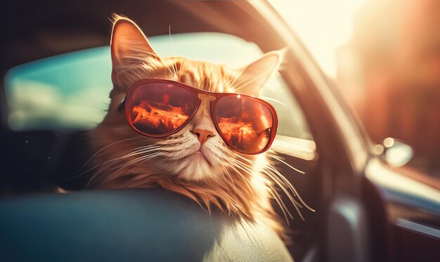 Fashionable feline in shades enjoys a leisurely moment in a sleek car showcasing a trendy and confident vibe
