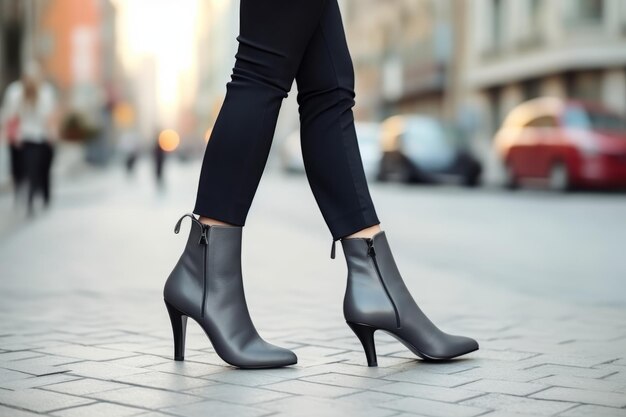 Fashionable female legs with stylish boots on a gray city street