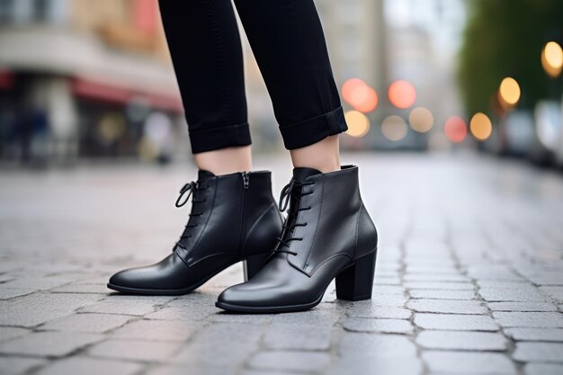 Foto gambe femminili alla moda con stivali eleganti su una strada grigia della città