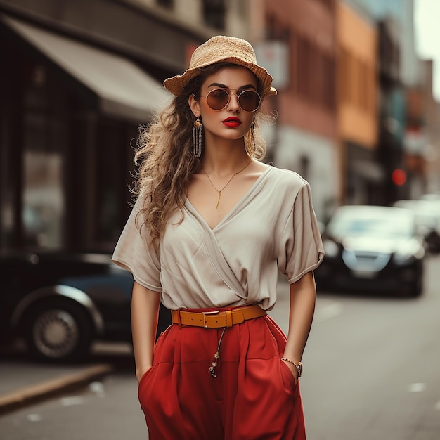 Фото Модная модель в стильной ретростильной одежде на городской улице винтажная мода 1980-х годов