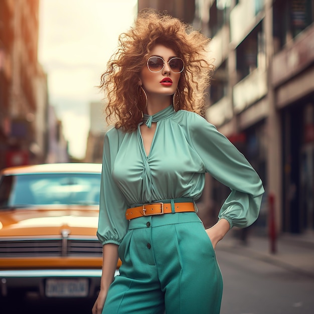 Fashionable female model in stylish retrostyle clothes on city street Vintage fashion of 1980s