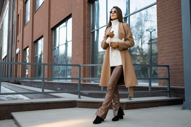 Fashionable girl in brown coat with bag in the city