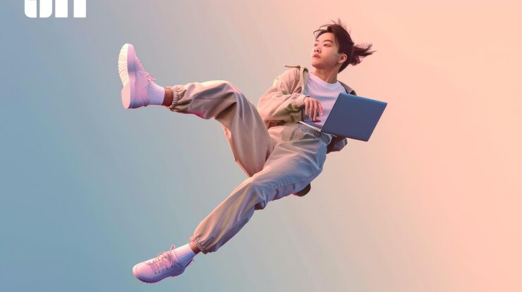 Photo ファッショナブルな女の子がラップトップを持って空中に浮いている