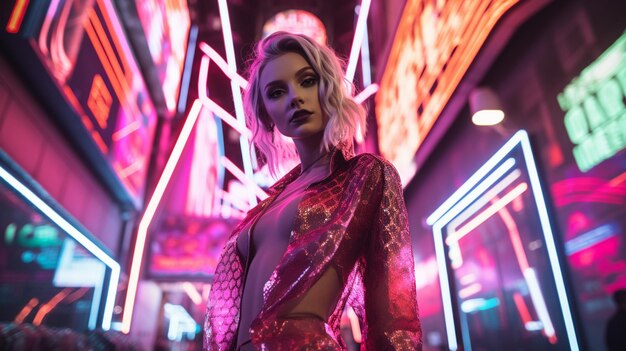 Fashionable girl in neon city