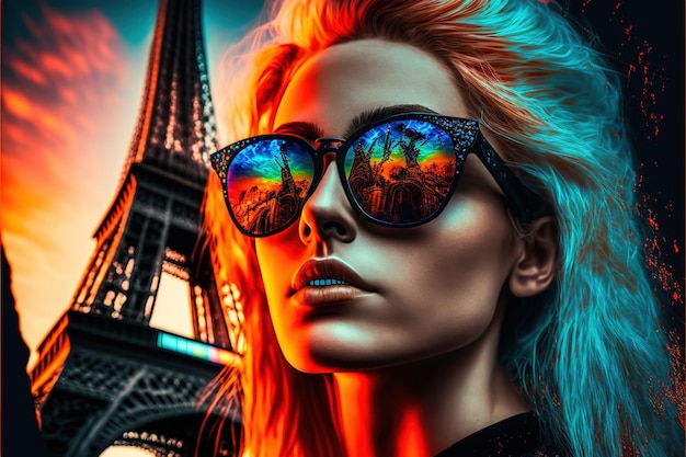 Fashionable girl wearing sunglasses portrait with Eiffel tower