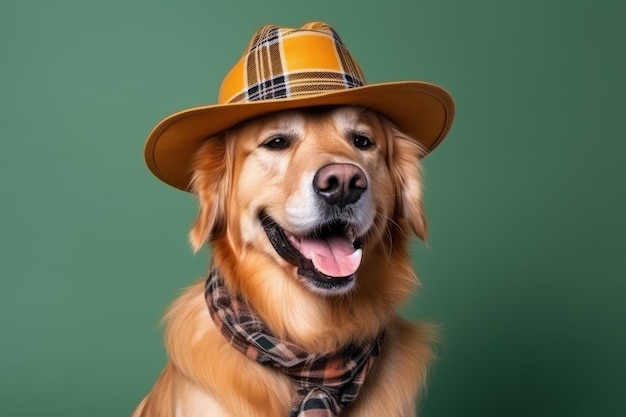 Fashionable golden retriever dog wearing jeans and cowboy hat