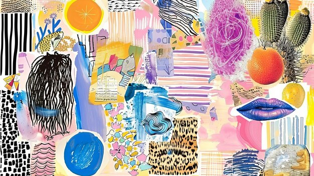 Fashionable hand drawn collage with different shapes textures and objects