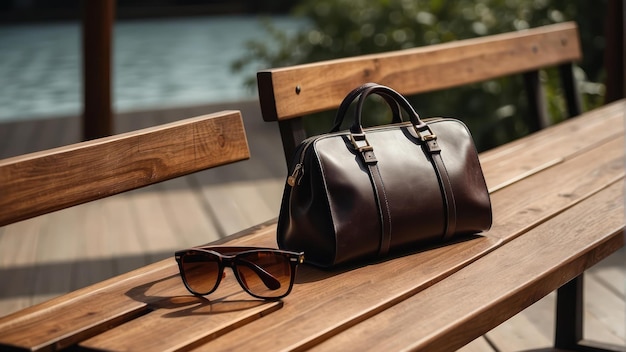 Fashionable handbag and sunglasses on a bench