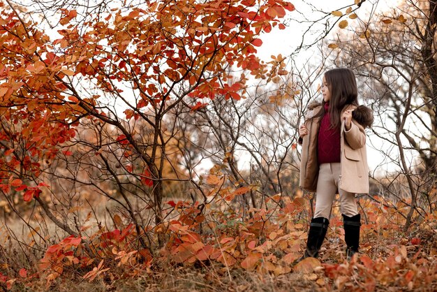 Fashionable kid 5 year old posing in autumn park.