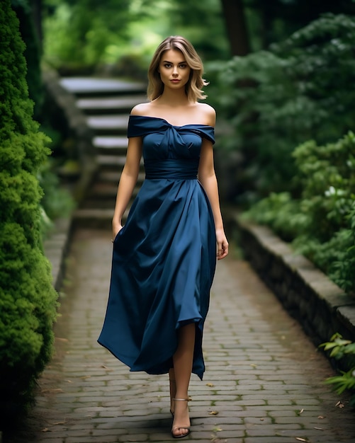 Модная дама в синем платье с светлыми волосами уверенно смотрит в камеру