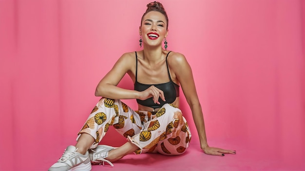 Fashionable lady with tanned skin and red lips in modern earrings pineapple print pants and light s