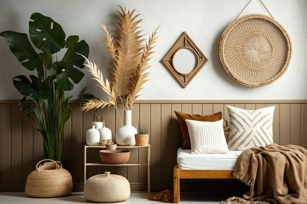 Fashionable living room design with wooden walls plants rattan baskets dried leaves in vases